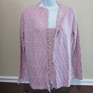 Sigrid Olsen Silk Blend Open Sweater Tank Set Pink Fringed Petite S/M Grannycore
